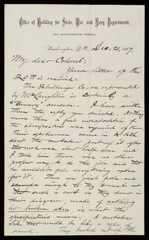 Bernard R. Green to Thomas Lincoln Casey, December 21, 1887