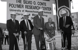 Ceremonial groundbreaking for the Conte Center: Gov. William Weld and Corrine Conte (both at center) preparing for ceremonial first shovel