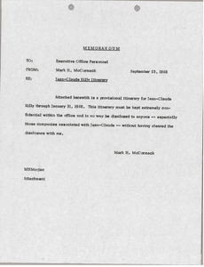 Memorandum from Mark H. McCormack concerning the Jean Claude Killy itinerary