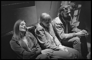 Judy Collins, Joni Mitchell, and unidentified man seated on a couch in Wally Heider Studio 3 during production of the first Crosby, Stills, and Nash album