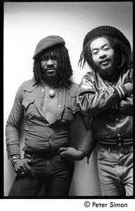 Sly Dunbar (let) and unidentified man: double portrait back stage before appearance with Peter Tosh on Saturday Night Live