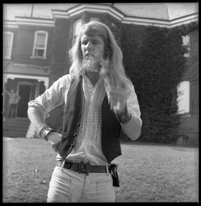 Michael Metelica, outside the Brotherhood of the Spirit commune house on Chestnut Street, Turners Falls