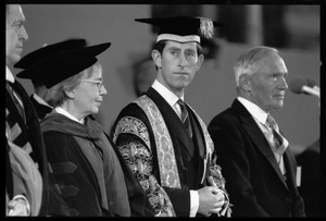 Emily D. T. Vermeule (Harvard faculty), Prince Charles, and Francis H. Burr (Chief Marshall and member of the Class of 1936) at the 350th anniversary celebration of Harvard University