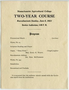 Two-year course Baccalaureate Sunday, June 5, 1921