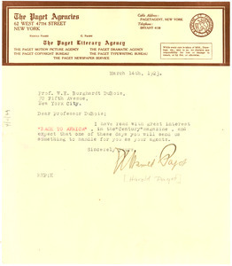 Letter from Paget Agencies to W. E. B. Du Bois
