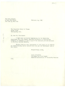 Letter from American Association of Scientific Workers to President Harry S. Truman