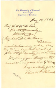 Letter from Charles A. Ellwood to W. E. B. Du Bois