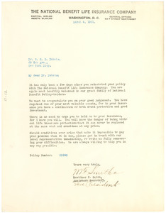 Letter from National Benefit Life Insurance Company to W. E. B. Du Bois