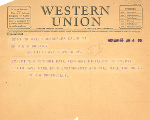 Telegram from J. A. Somerville to W. E. B. Du Bois