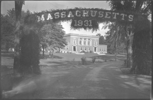 Entry gate to campus decorated for Commencement 1931, Massachusetts State College. 23