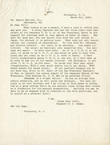 C. C. Adams Letter to Shriver (March 9, 1890)