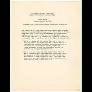 Citizens Advisory Committee Relocation Housing Subcommittee resolution passed January 4, 1965