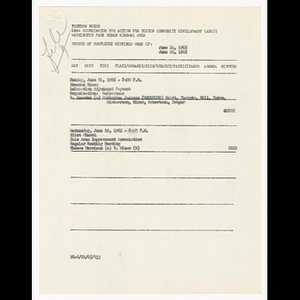 Minutes and attendance list for Dale Area Improvement Association, Washington Park Association of Apartment Hosue Owners and Roxbury Work and Study Program meetings in June 1965