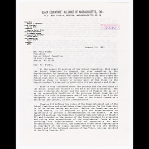 Letter from Robert L. Marshall to Mr. Paul Parks about Black Educators' Alliance of Massachusetts (BEAM)'s concerns with Boston School Committee