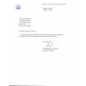 Letter sent to the city of Boston from the United States Embassy in Dublin