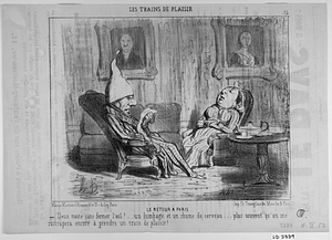 Le RETOUR A PARIS. - Deux nuits sans fermer l'œil!.. un lumbago et un rhume de cerveau... plus souvent qu'on me rattrapera encore à prendre un train de plaisir!