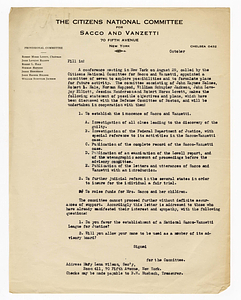 Draft letter of support, The Citizens National Committee for Sacco and Vanzetti, August-October 1927