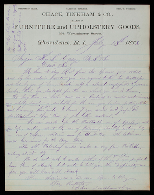 Chase, Tinkham & Co. to Thomas Lincoln Casey, July 13, 1872