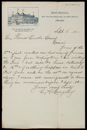[Charles] A. Langley to Thomas Lincoln Casey, September 8, 1893