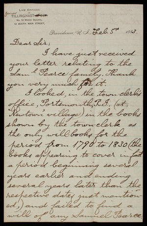 Charles N. Harrington to Thomas Lincoln Casey, February 5, 1883