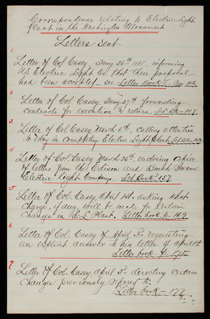 Correspondence relating to the Electric Light Plant in the Washington Monument to Thomas Lincoln Casey, April 1885