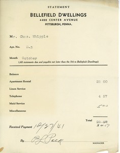 Bellefield Dwellings receipt for apartment rental to Charles L. Whipple