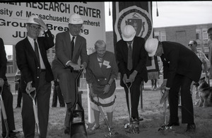Ceremonial groundbreaking for the Conte Center: Gov. William Weld and Corrine Conte (both at center) laying first shovel to dirt