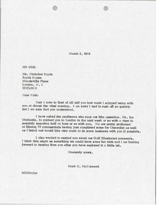 Letter from Mark H. McCormack to Nicholas Royds