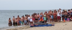 Onlookers watch a stranded dolphin on a stretcher near the water