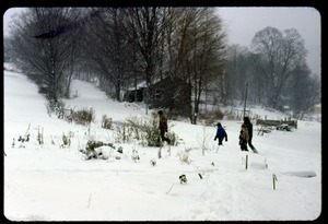 Walking through heavy snow, Montague Farm Commune