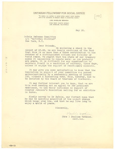 Letter from Unitarian Fellowship for Social Justice to National Committee to Defend Dr. W. E. B. Du Bois and Associates in the Peace Information Center