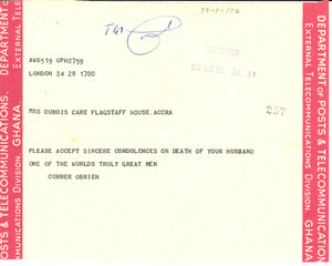 Telegram from Corner O'Brien to Mrs. W. E. B. Du Bois