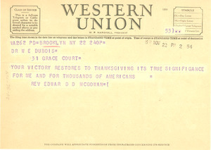 Telegram from Rev. Edward D. D. McGowan to W. E. B. Du Bois