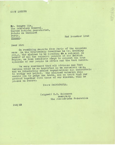 Letter from Pan African Federation to Trygve Lie
