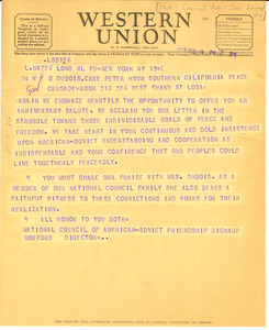 Telegram from National Council of American-Soviet Friendship to W. E. B. Du Bois