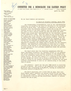 Circular letter from Committee for a Democratic Far Eastern Policy to W. E. B. Du Bois