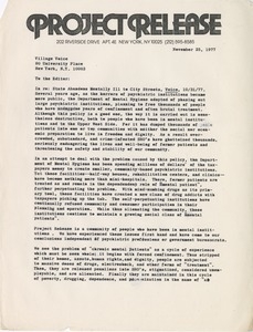 Draft letter from Project Release to the Village Voice
