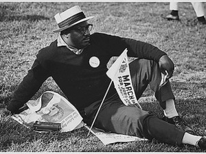 Civil Rights March on Washington, D.C. [A male marcher relaxing.], 08/28/1963