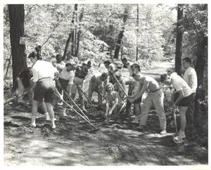 Campers raking path at Freshman Camp (1953)