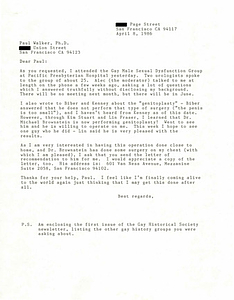 Correspondence from Lou Sullivan to Paul Walker (April 8, 1986)