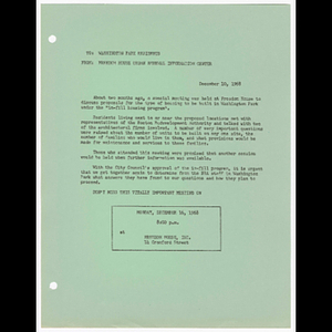 Memorandum from Freedom House Urban Renewal Information Center to Washington Park residents about meeting on December 16, 1968 to discuss in-fill housing program