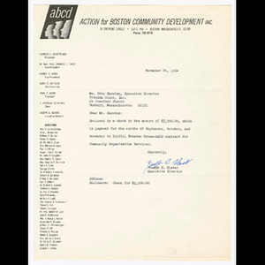 Letters from Joseph Slavet to Otto Snowden about check payments from Action for Boston Community Development (ABCD) to Freedom House, Inc.