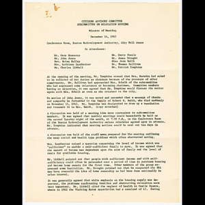 Minutes for Citizens Advisory Committee, Subcommittee on Relocation Housing meeting on December 14, 1965