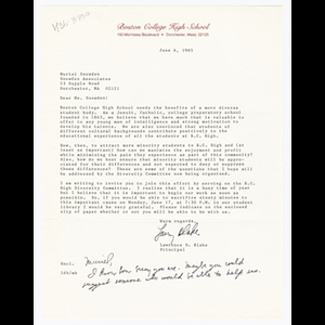 Letter from Lawrence D. Blake to Muriel Snowden about serving on Boston College High School Diversity Committee