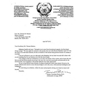 Letter from the International Parliament for Safety and Peace (Toledo, Ohio)