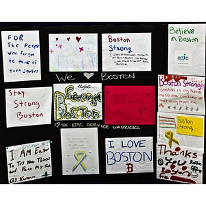 "We Love Boston" collage poster left at the Copley Square Memorial by EPIC Service Warriors