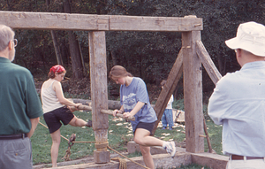 HMF Fall Fest 1998 4. Post-and-beam demonstration "bull wheel" winch attached to a "gin pole"