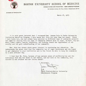 Letter of reference from Juan [Martínez], a field trainer at Boston University, supporting Carmen Pola's graduate school application