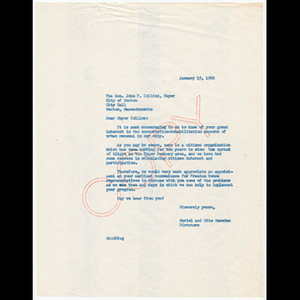 Letter from Muriel Snowden and Otto Snowden to John F. Collins concerning request for appointment to discuss urban renewal in Upper Roxbury