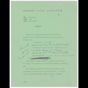 Memorandum from OPS to Vi and Joe about Boston FHA office and BRA inspection of homes on May 21, 1962 with handwritten notes